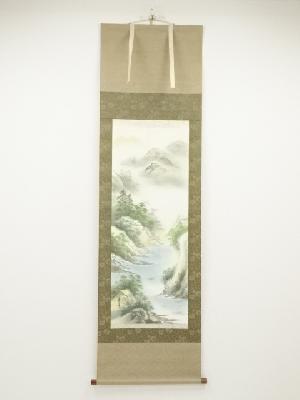 香草筆　彩色山水　肉筆絹本掛軸（共箱）
